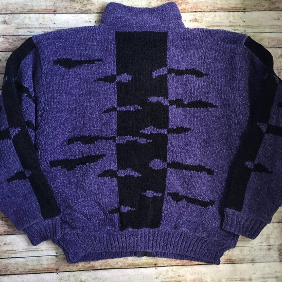 NWT Vintage Jamie Sadock Black & Purple Retro Print Chenille Zip Up Jacket Large - Picture 2 of 7